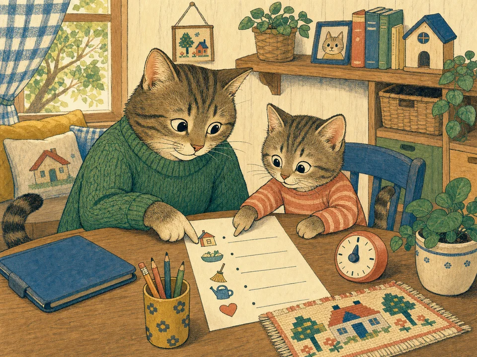 A parent cat and kitten looking at a family game plan together